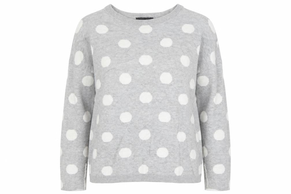 Front view of New Look women’s grey round neck polka dot cotton jumper, size UK 8