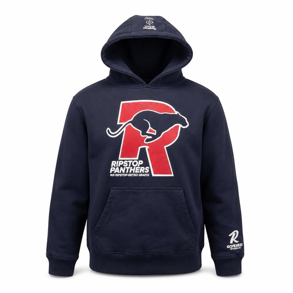 Front view of Ripstop boys’ blue cotton pullover hoodie, size L, pullover