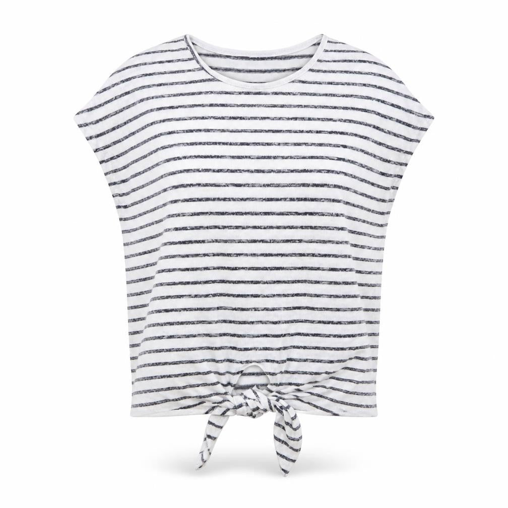 Front view of New Look women’s white round neck striped polyester vest jumper, size M