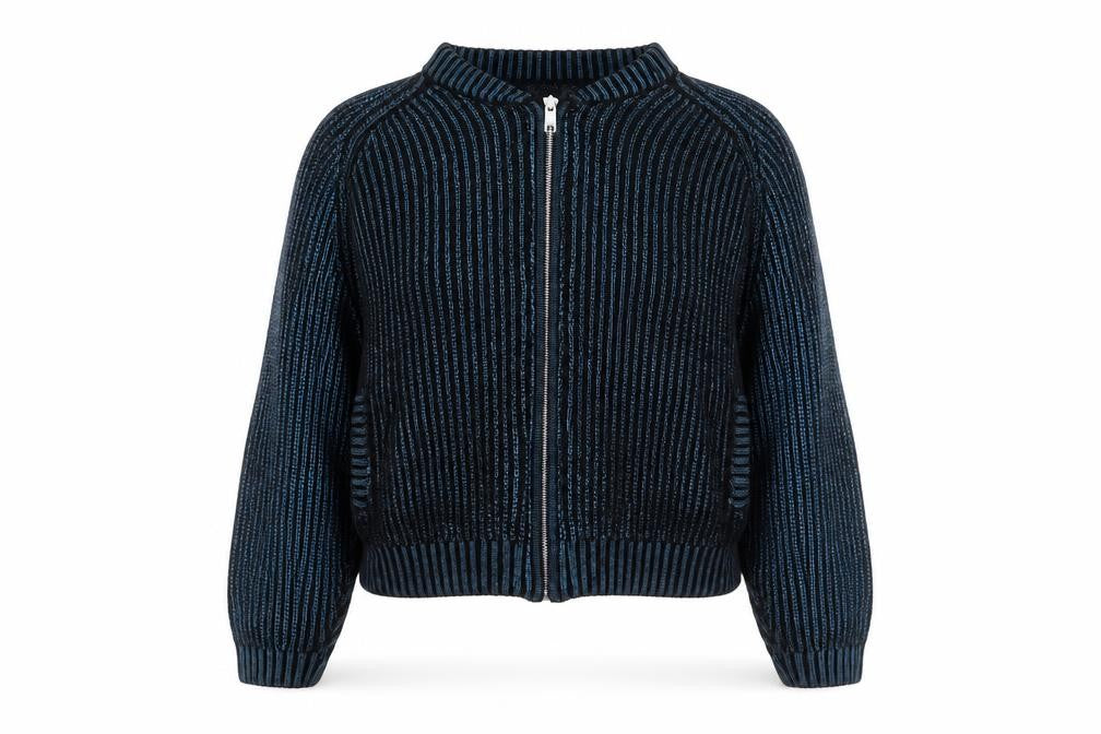 Front view of H&M women’s blue acrylic full zip sweatshirt, size S, zip - cropped