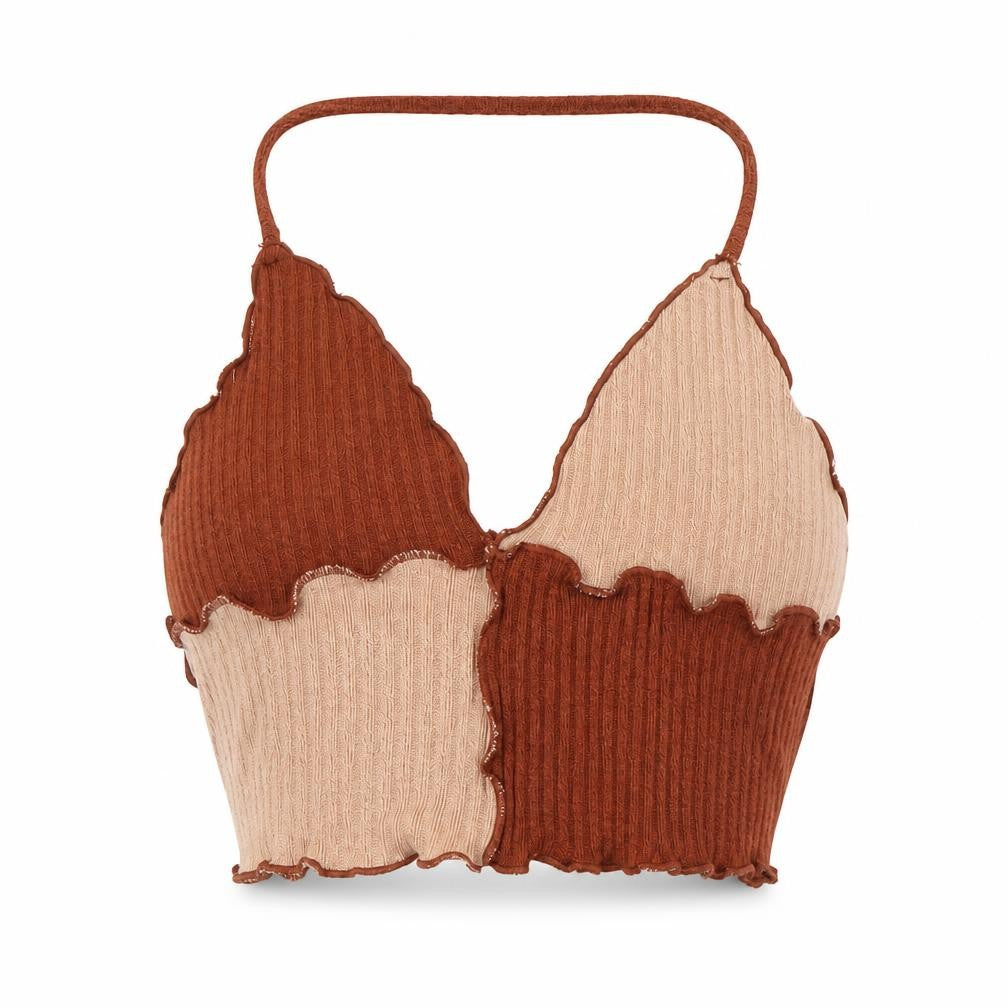 Front view of SHEIN women’s brown colourblock polyester cropped tank, size M, v-neck