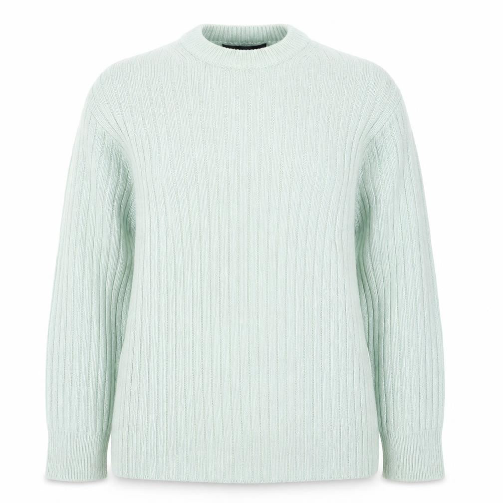 Front view of Marks & Spencer women’s green round neck polyester jumper, size UK 14