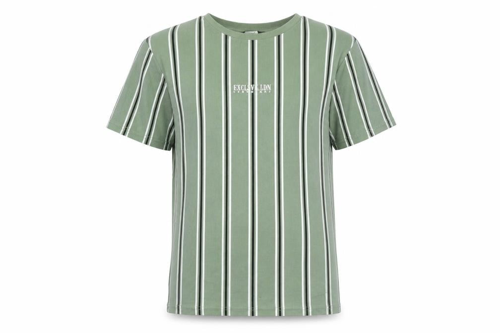 Front view of George boys’ green striped cotton basic casual, size 12-13, years round neck pullover