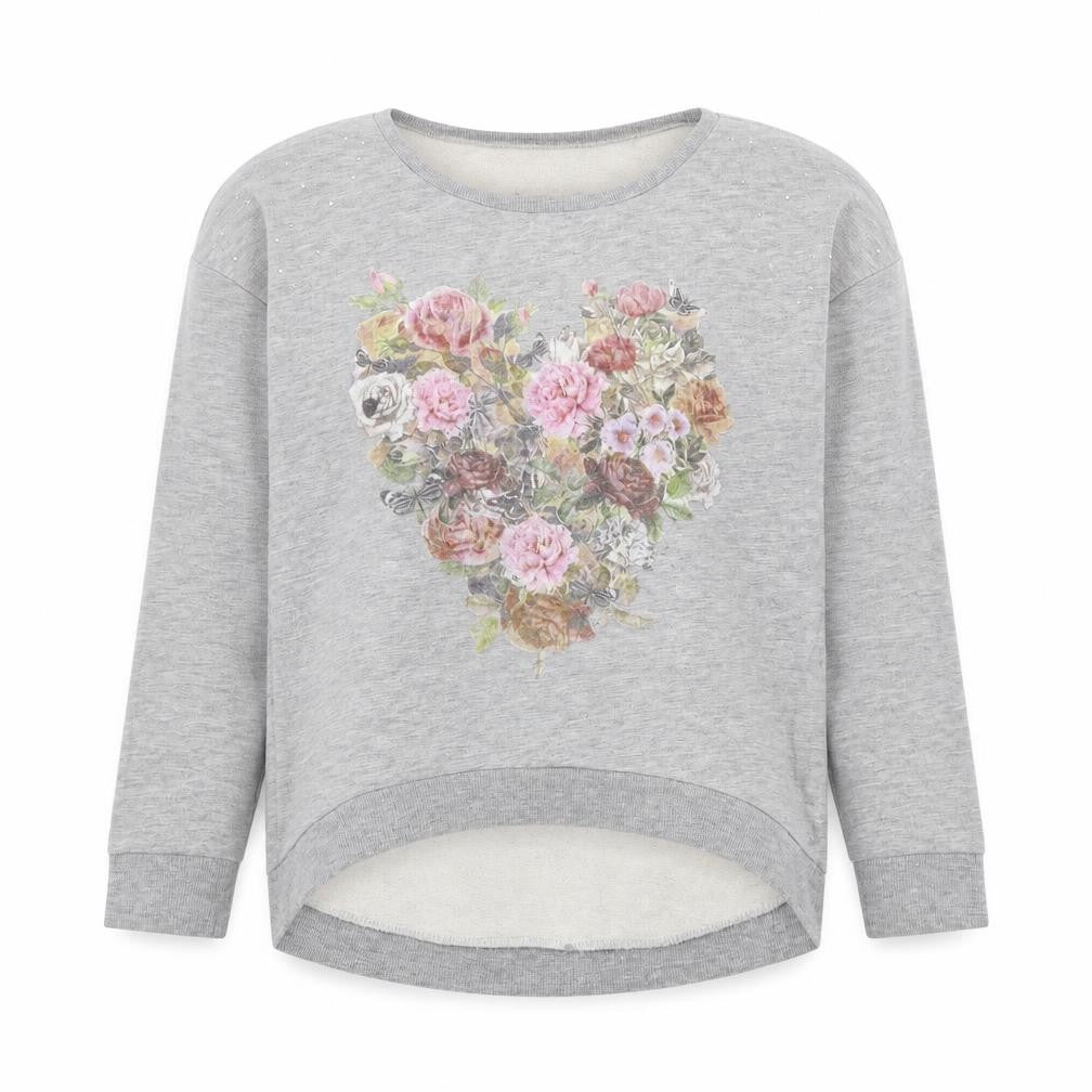 Front view of Dunnes women’s grey cotton pullover sweatshirt, size S, pullover - floral heart
