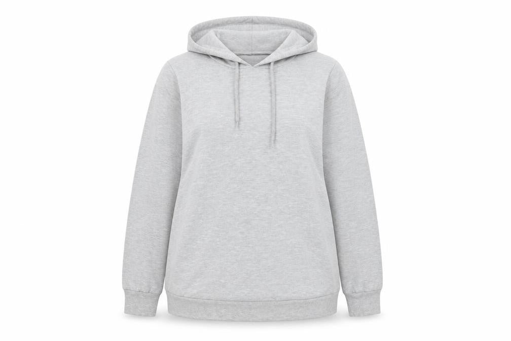 Front view of Savida women’s grey cotton pullover hoodie, size L, pullover