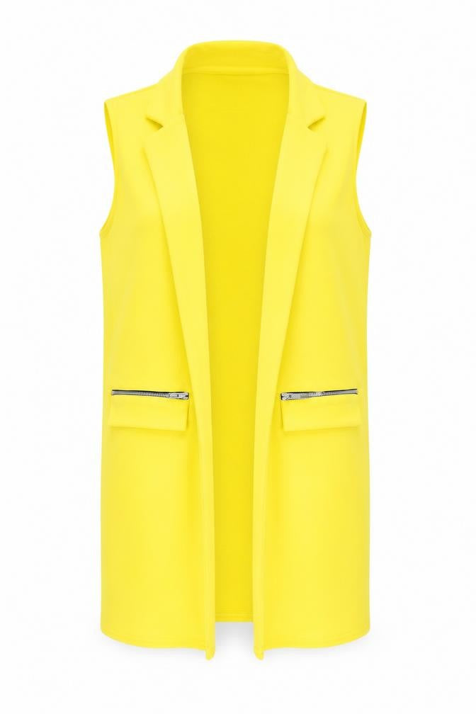 Front view of Parisian Collection women’s yellow collared polyester cardigan jumper, size UK 14