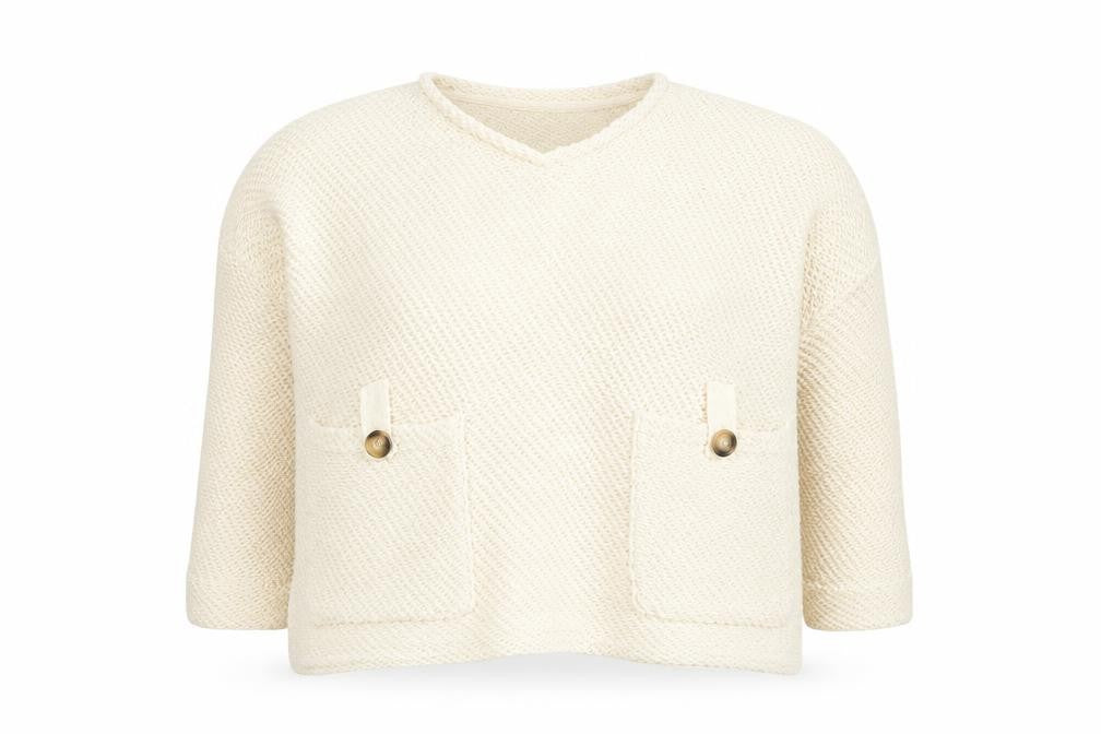 Front view of Primark women’s white round neck cotton jumper, size UK 4