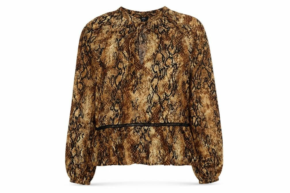 Front view of River Island women’s brown animal print polyester basic blouse, size UK 8, round neck - snake skin print