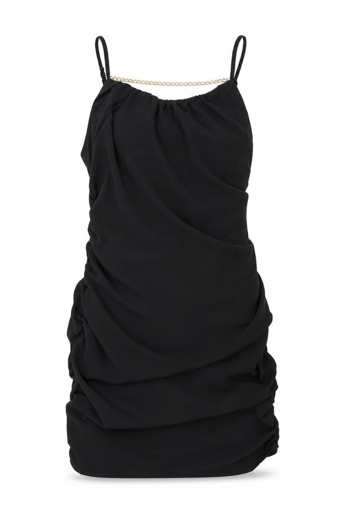 Front view of Naanaa women’s black polyester mini, size UK 12, round neck pullover - chain detail ruched sides