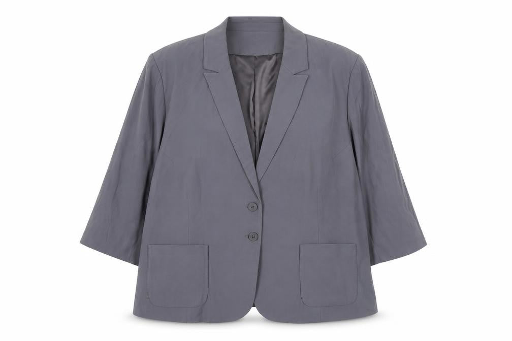 Front view of Universal Standard women’s grey viscose jacket suit, size L