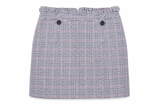 Front view of Topshop women’s blue herringbone polyester maxi skirt, size UK 14, zip