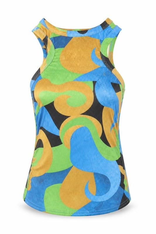 Front view of PRETTYLITTLETHING women’s multicoloured geometric polyester basic tank, size UK 6, round neck