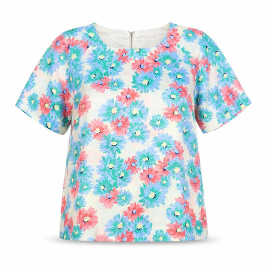 Front view of Exhibit women’s multicoloured floral polyester basic blouse, size UK 14, round neck