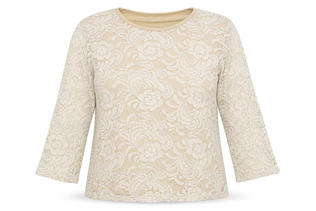 Front view of Paramour women’s beige floral nylon basic blouse, size L, round neck - lace overlay