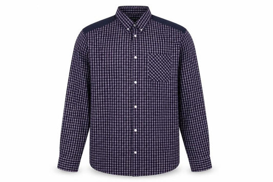 Front view of Twisted Soul men’s blue plaid cotton button-up, size 2XL, collared button