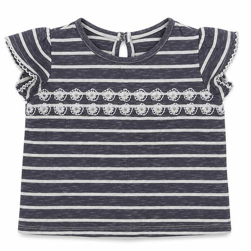 NEXT Girls Grey Striped Cotton Basic T-Shirt Size 9-12 Months Round Neck Button - Flowers