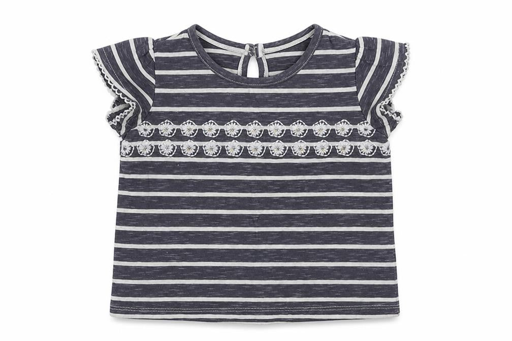 NEXT Girls Grey Striped Cotton Basic T-Shirt Size 9-12 Months Round Neck Button - Flowers