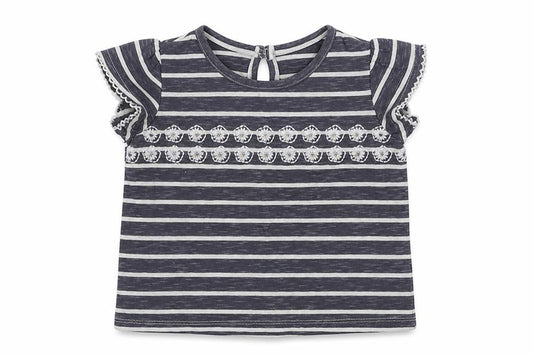 Front view of Next girls’ grey striped cotton basic t-shirt, size 9-12, months round neck button - flowers