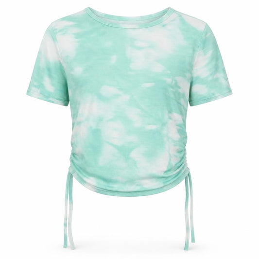 Front view of PRETTYLITTLETHING women’s green geometric polyester basic t-shirt, size UK 6, round neck - tie dye ruched