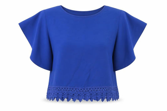 Front view of New Look women’s blue polyester basic blouse, size UK 6, boat neck - lace fringe