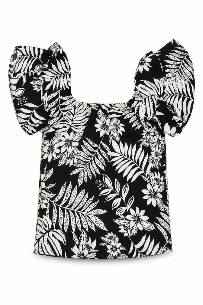 Front view of F&F women’s black floral viscose basic blouse, size UK 8, square neck