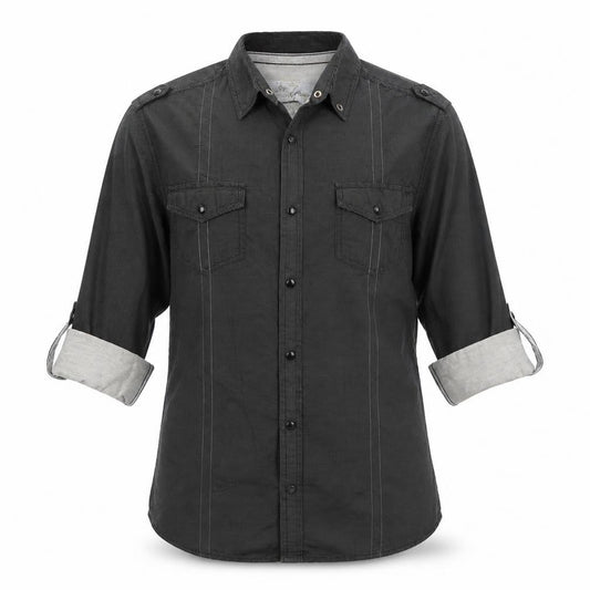 Front view of River Island men’s grey cotton button-up, size S, collared snap