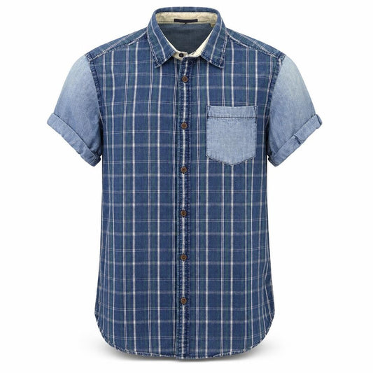 Front view of River Island men’s blue plaid cotton button-up, size M, collared button