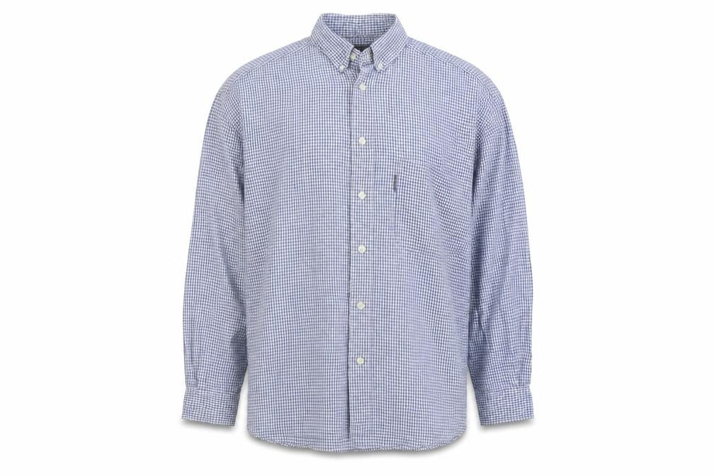 Front view of Blue Basics men’s blue plaid cotton button-up, size XL, collared button
