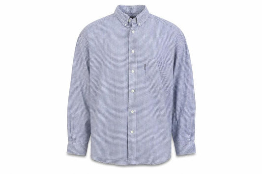 Front view of Blue Basics men’s blue plaid cotton button-up, size XL, collared button