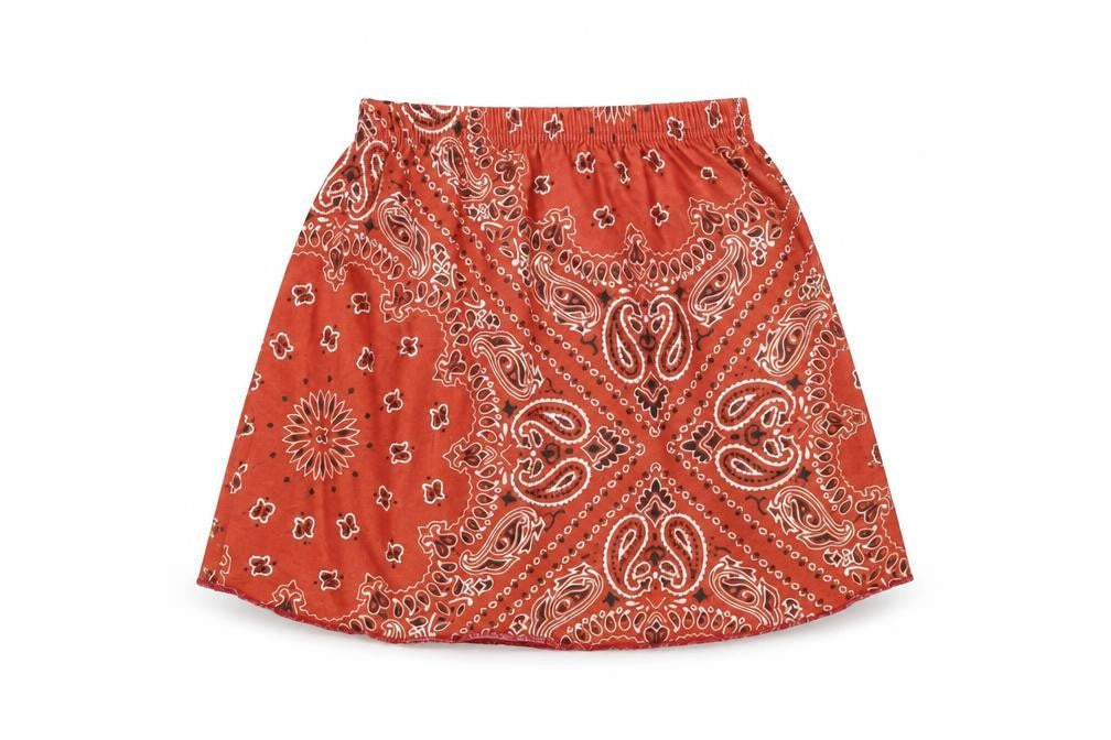Front view of Rokoko women’s orange paisley polyester mini skirt, size XS