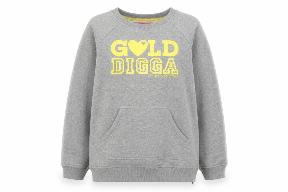 Front view of Golddigga girls’ grey cotton pullover sweatshirt, size 13, years pullover