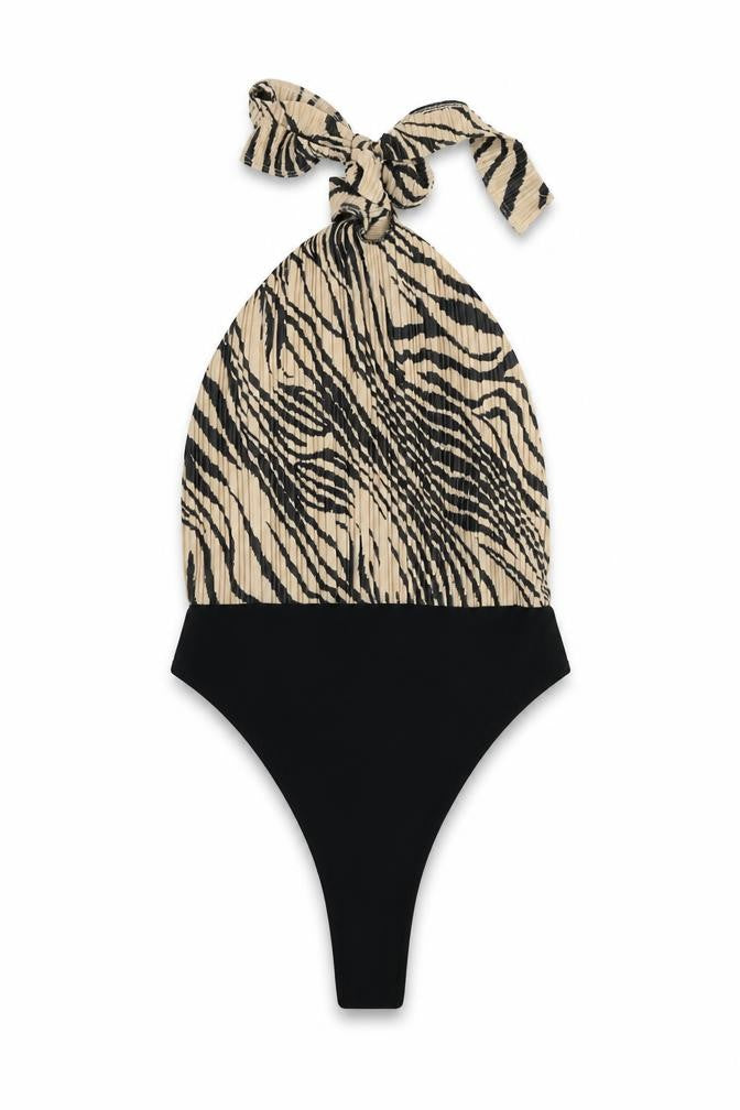 Boohoo Womens Beige Animal Print Polyester Bodysuit One-Piece Size 6 Snap