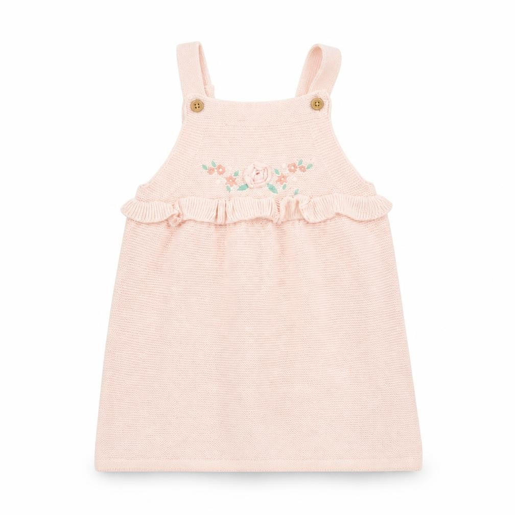 F&F Girls Pink Cotton Pinafore/Dungaree Dress Size 12-18 Months Square Neck Button - Flower
