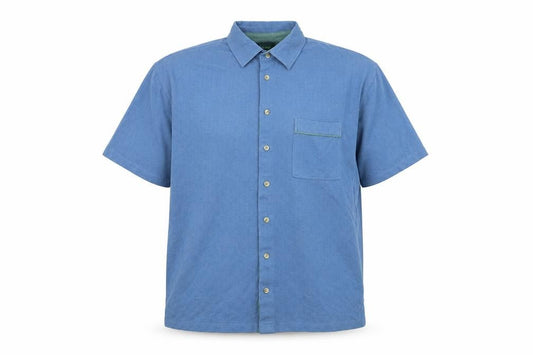 Front view of Wolsey men’s blue cotton button-up, size XL, collared button