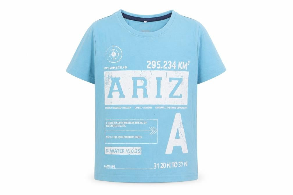 Front view of NAME IT boys’ blue geometric cotton basic t-shirt, size 6, years round neck pullover