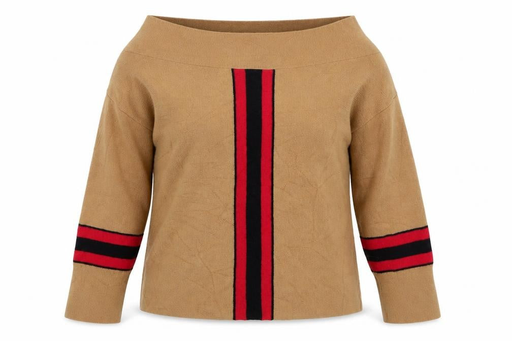 Front view of River Island women’s beige boat neck striped viscose jumper, size UK 10