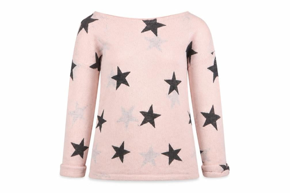 Front view of H&M girls’ pink round neck geometric polyester jumper, size 11-12, years pullover