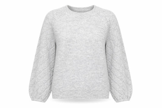 Front view of Oasis women’s grey round neck acrylic jumper, size M