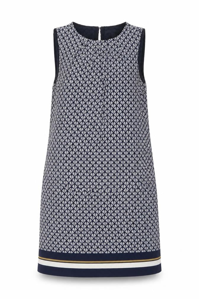 Front view of H&M women’s blue geometric polyester a-line, size UK 6, round neck button
