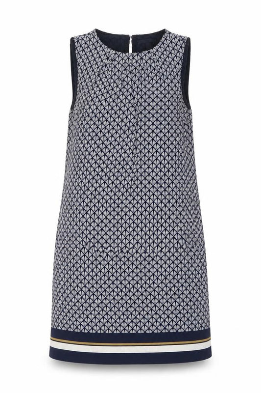 Front view of H&M women’s blue geometric polyester a-line, size UK 6, round neck button