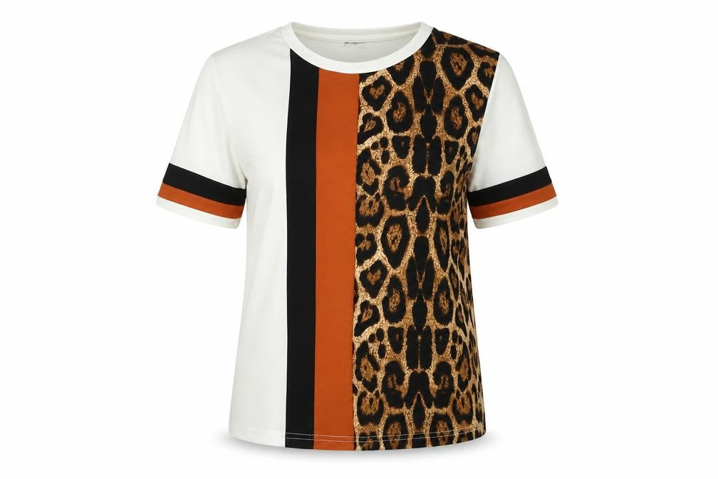 Front view of SHEIN women’s multicoloured animal print polyester basic t-shirt, size XS, round neck - leopard print