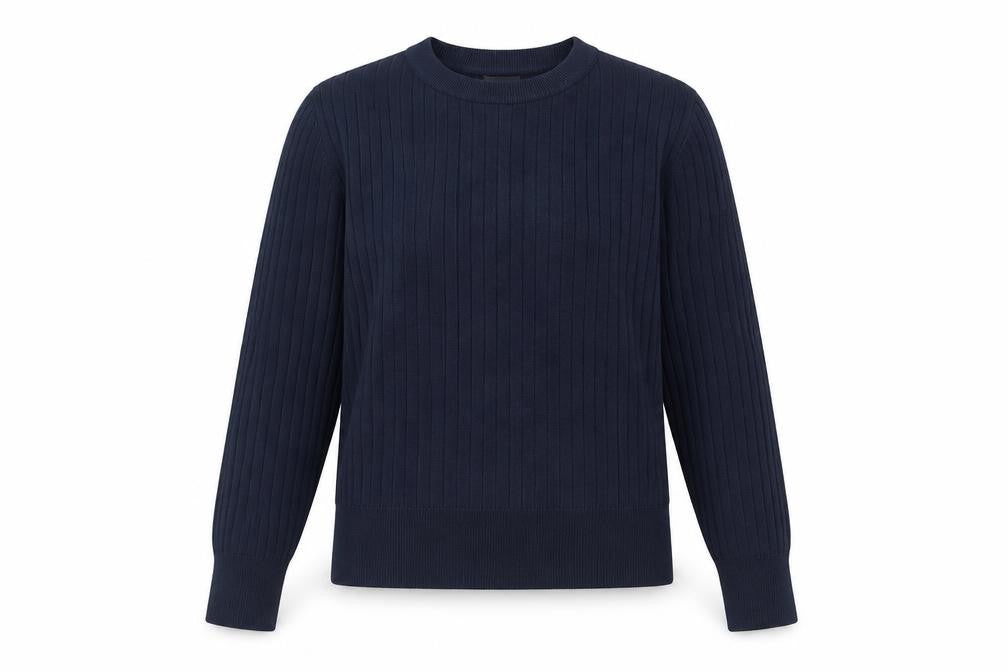 Front view of H&M women’s blue round neck viscose jumper, size S