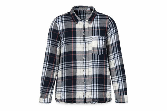 Front view of Oasis women’s multicoloured plaid viscose basic button-up, size UK 8, collared