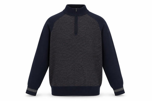 Front view of Marnasita boys’ blue high neck striped acrylic henley jumper, size 12-13, years pullover