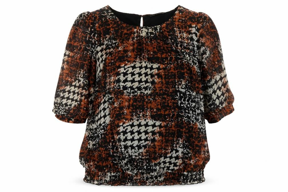 David Emanuel Womens Brown Geometric Polyester Basic Blouse Size 8 Round Neck