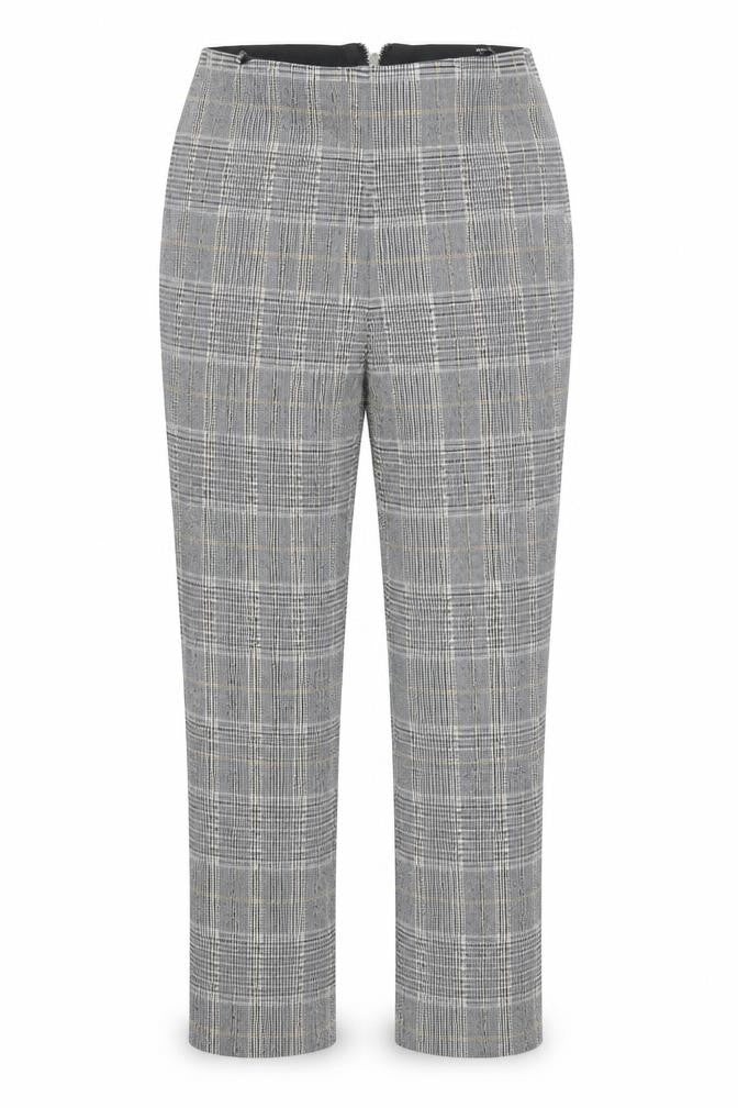 Front view of H&M women’s grey plaid polyester trousers, size S, 25-inch leg regular zip