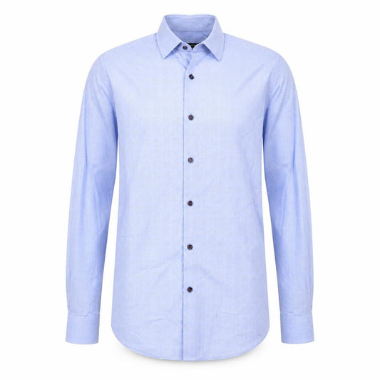 Front view of Remus Uomo men’s blue geometric polyester button-up, size 14.5 collared button