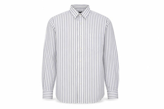 Front view of French Connection men’s blue striped cotton button-up, size M, collared button