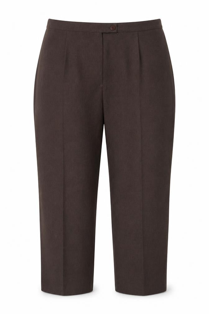 Front view of Berkertex women’s brown polyester trousers, size UK 18, 20-inch leg regular button