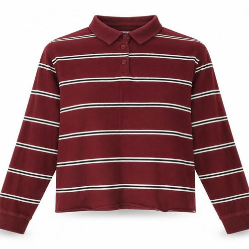 Pull&Bear Girls Purple Striped Cotton Basic Polo Size XS Collared Button